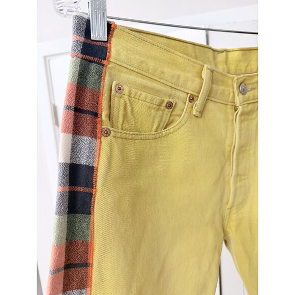 Levi's 501 Vintage 90s Yellow Denim Jeans With Gingham Plaid Side Panels - Picture 5 of 8